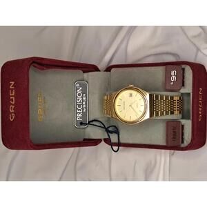 Vintage Gruen Precision Gold Tone Watch-Mint Condition w/ Box, Tag & New Battery